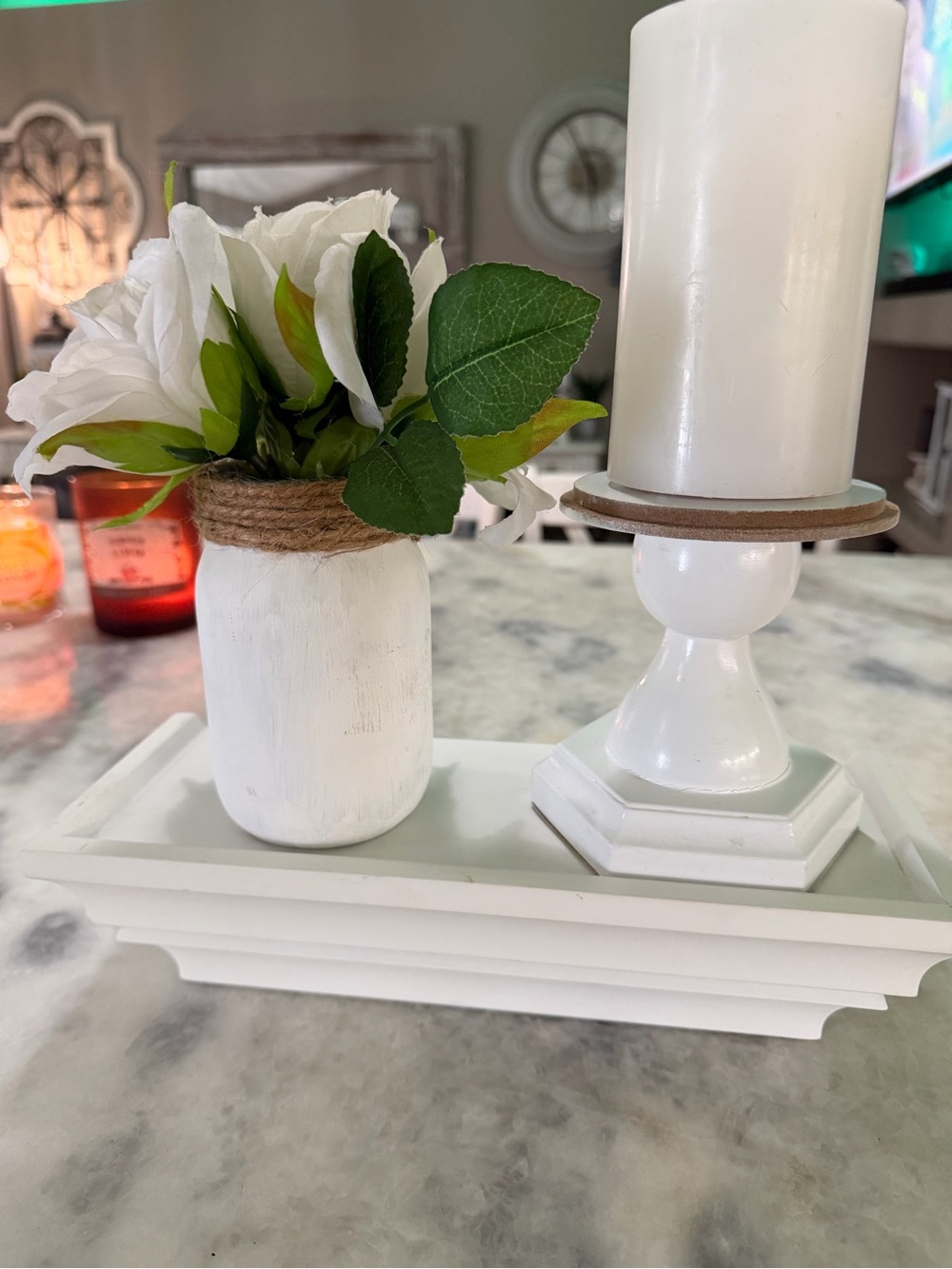 White wood crown molding decorative wall shelf with farm decor - Home Accents
